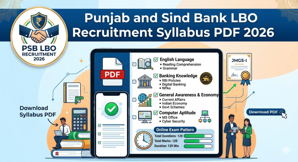 Infographic showing Punjab and Sind Bank LBO Recruitment Syllabus 2026, exam pattern details, and syllabus PDF download link.